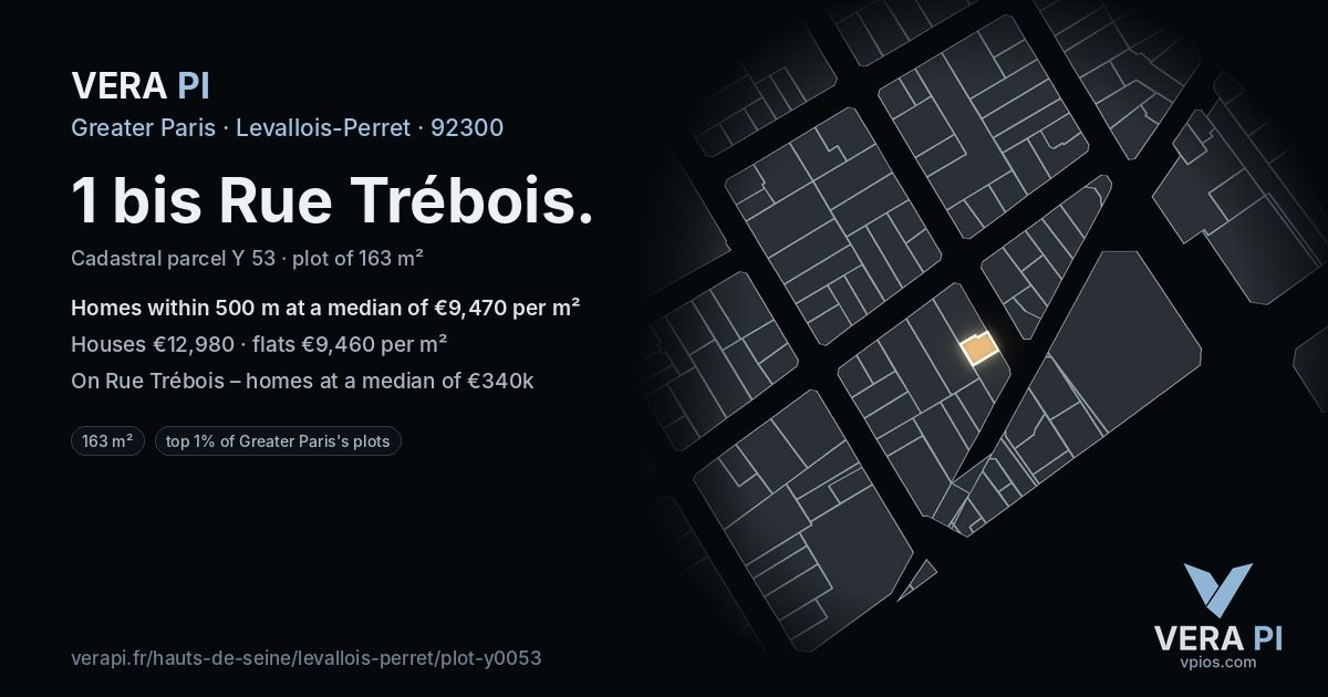 1 bis Rue Trébois, Levallois-Perret at night – the plot lit, the parcels around coloured by the prices near them
