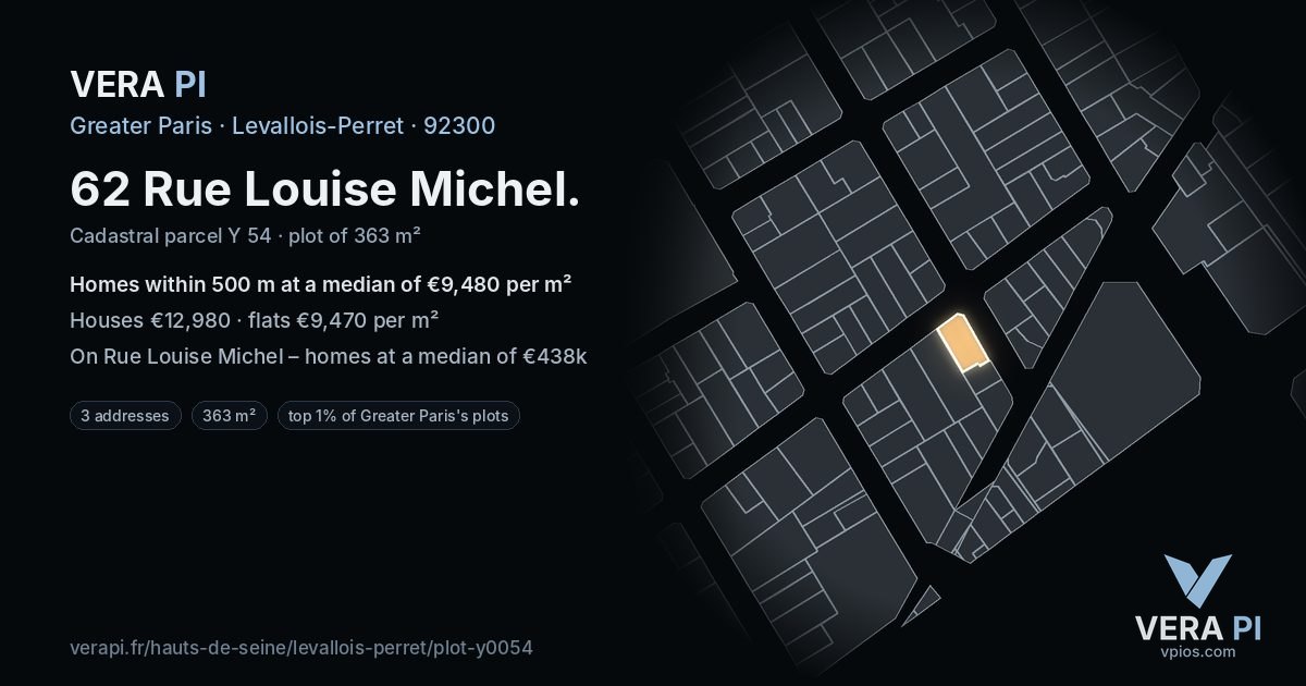 62 Rue Louise Michel, Levallois-Perret at night – the plot lit, the parcels around coloured by the prices near them