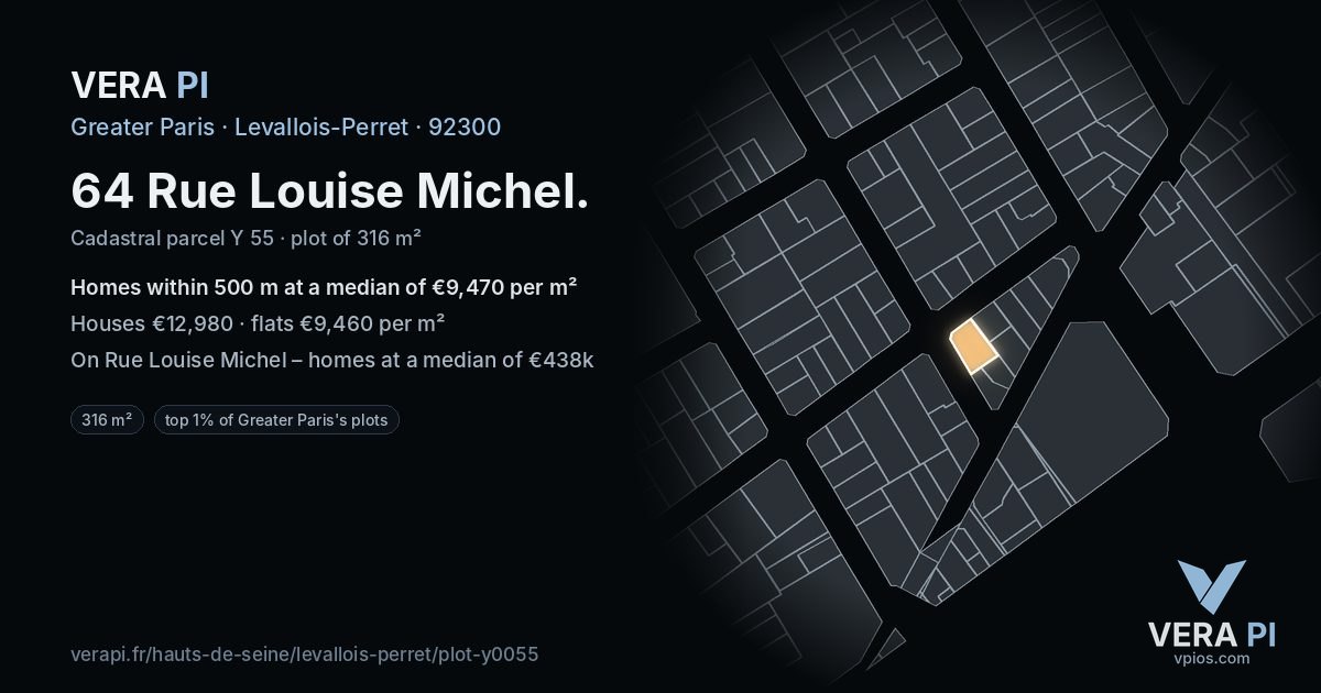 64 Rue Louise Michel, Levallois-Perret at night – the plot lit, the parcels around coloured by the prices near them