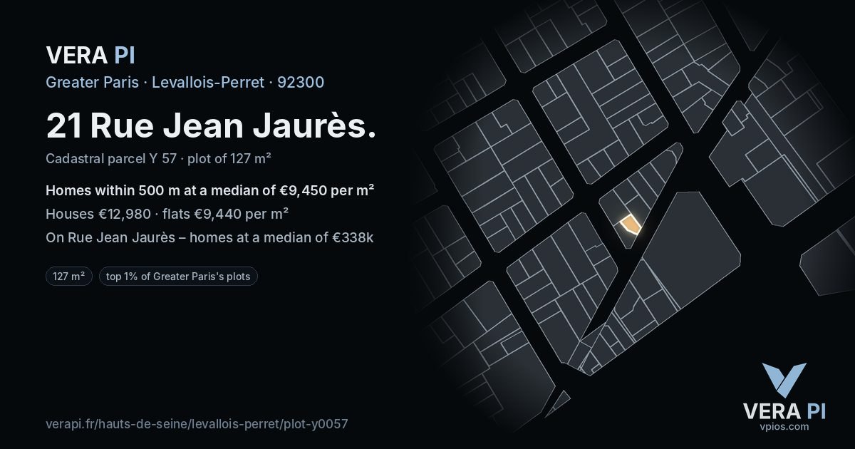 21 Rue Jean Jaurès, Levallois-Perret at night – the plot lit, the parcels around coloured by the prices near them
