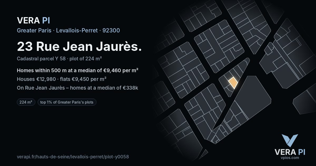23 Rue Jean Jaurès, Levallois-Perret at night – the plot lit, the parcels around coloured by the prices near them