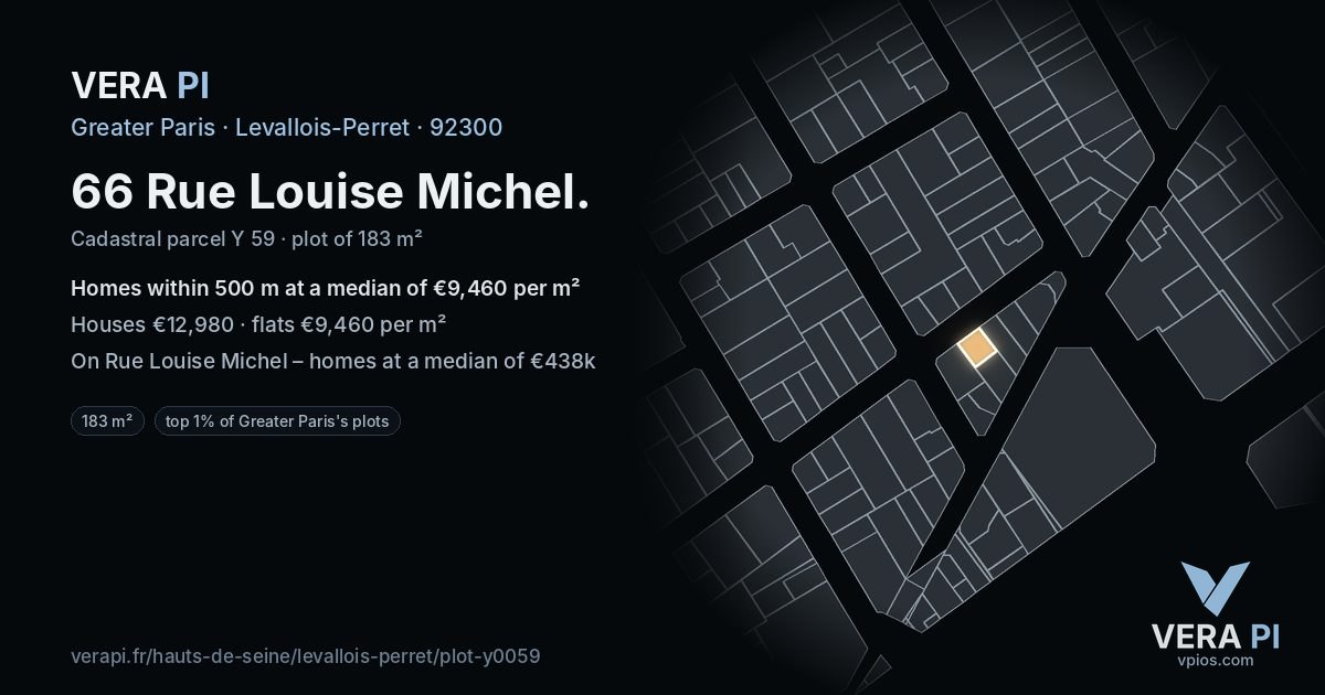 66 Rue Louise Michel, Levallois-Perret at night – the plot lit, the parcels around coloured by the prices near them