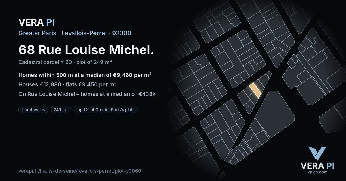 68 Rue Louise Michel, Levallois-Perret at night – the plot lit, the parcels around coloured by the prices near them