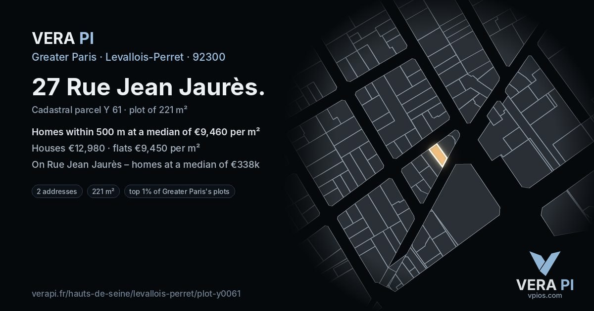 27 Rue Jean Jaurès, Levallois-Perret at night – the plot lit, the parcels around coloured by the prices near them