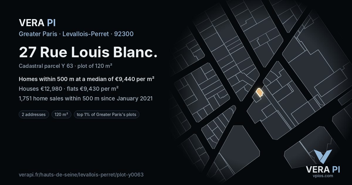 27 Rue Louis Blanc, Levallois-Perret at night – the plot lit, the parcels around coloured by the prices near them