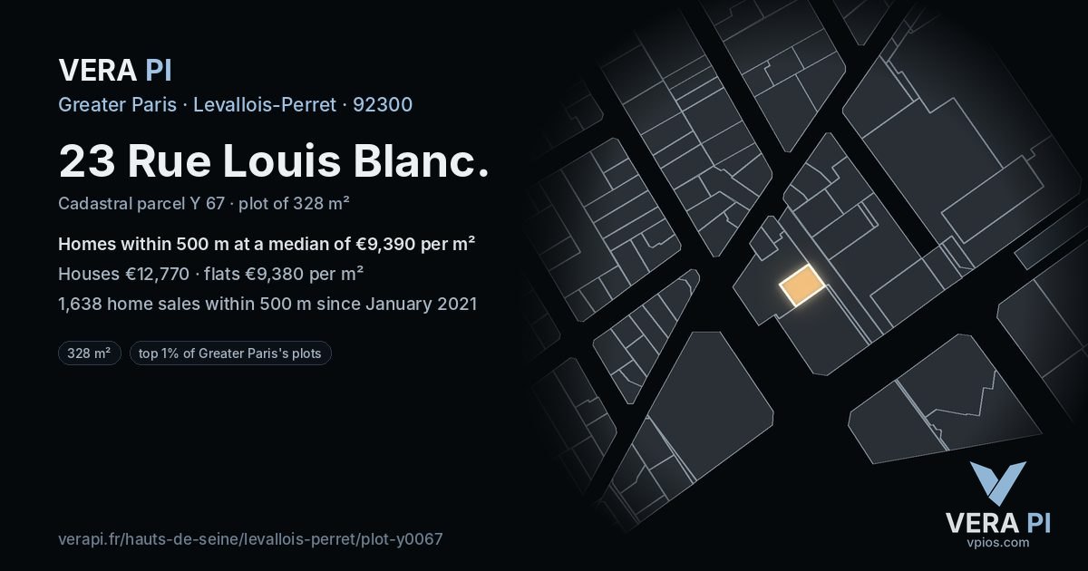 23 Rue Louis Blanc, Levallois-Perret at night – the plot lit, the parcels around coloured by the prices near them