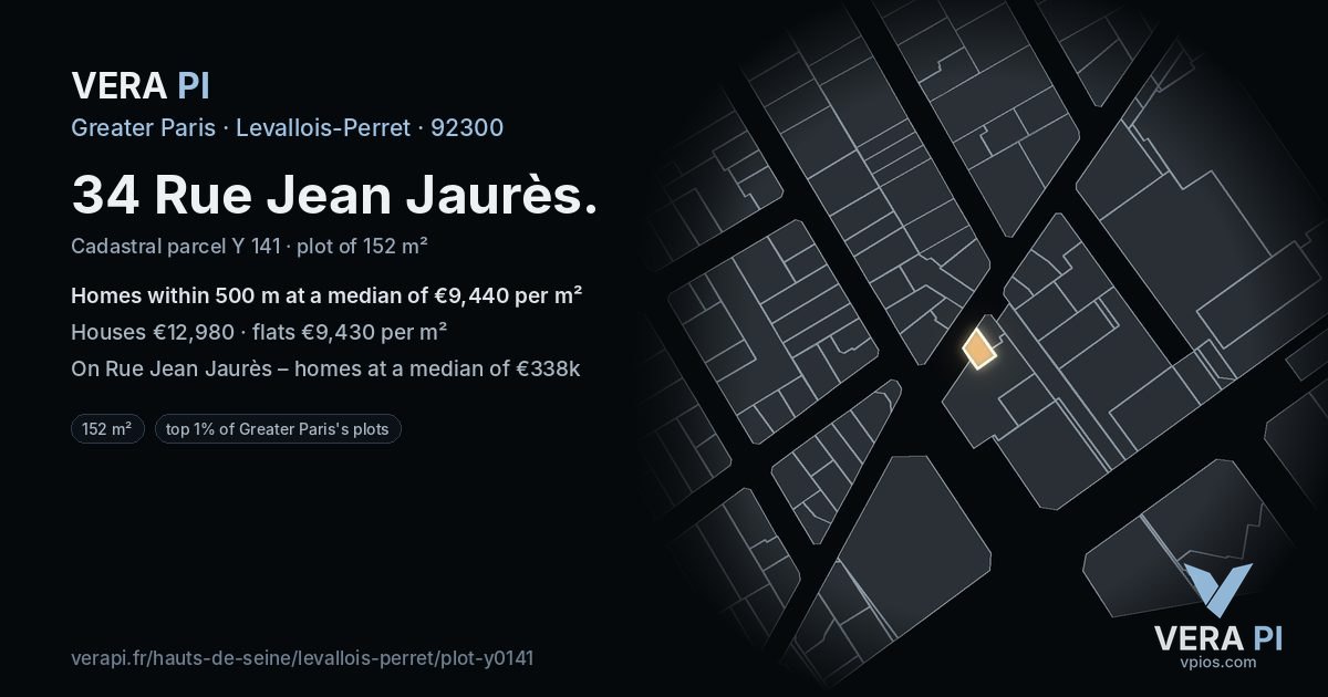 34 Rue Jean Jaurès, Levallois-Perret at night – the plot lit, the parcels around coloured by the prices near them