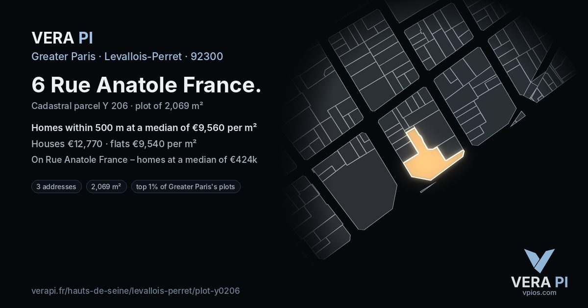 6 Rue Anatole France, Levallois-Perret at night – the plot lit, the parcels around coloured by the prices near them
