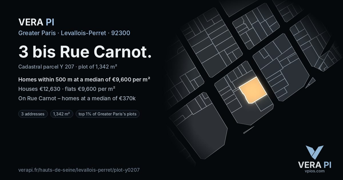 3 bis Rue Carnot, Levallois-Perret at night – the plot lit, the parcels around coloured by the prices near them