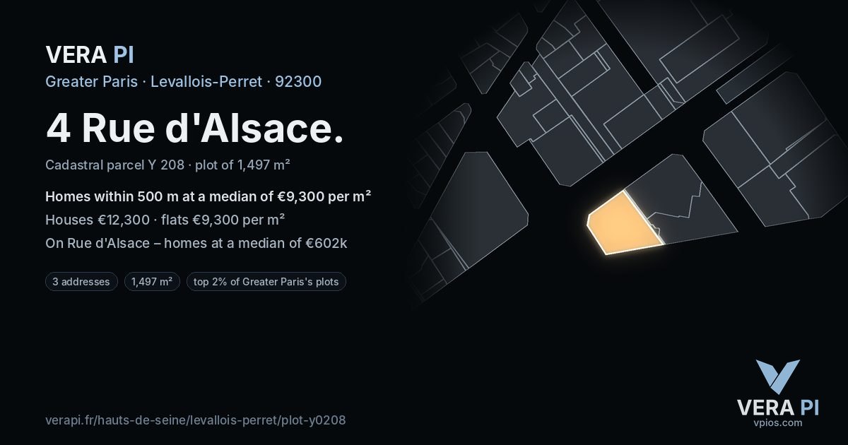 4 Rue d'Alsace, Levallois-Perret at night – the plot lit, the parcels around coloured by the prices near them