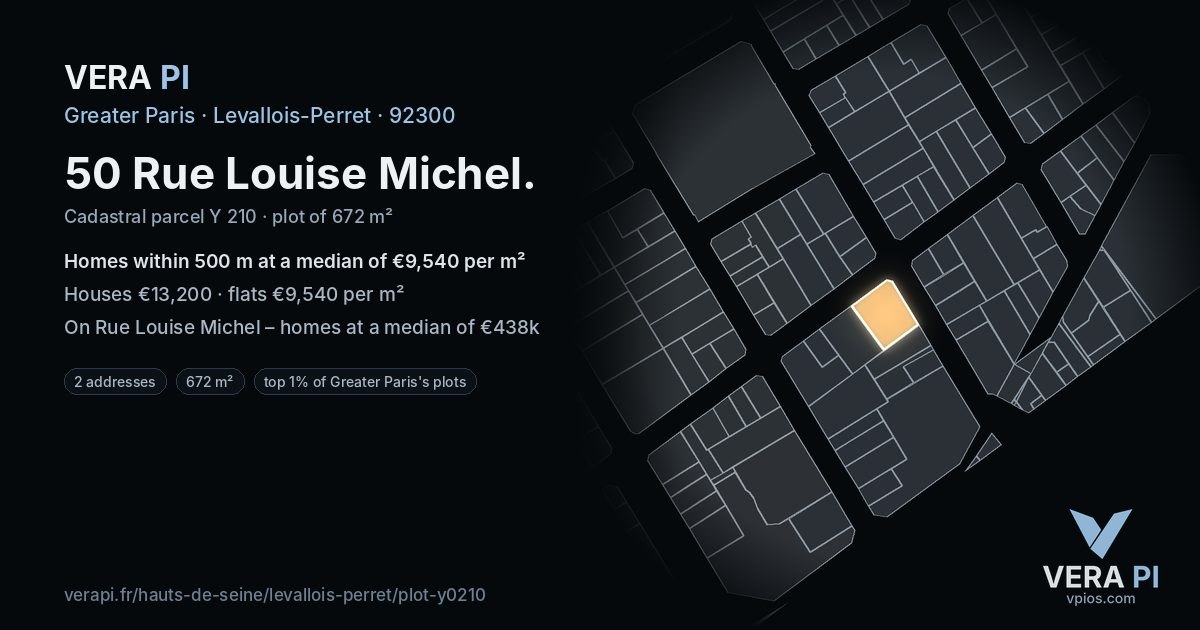 50 Rue Louise Michel, Levallois-Perret at night – the plot lit, the parcels around coloured by the prices near them