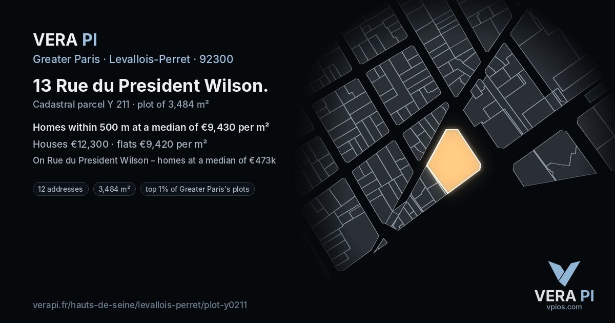 13 Rue du President Wilson, Levallois-Perret at night – the plot lit, the parcels around coloured by the prices near them