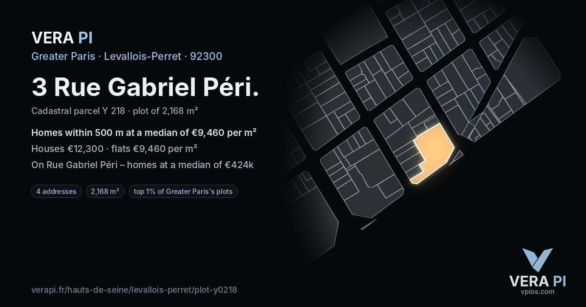 3 Rue Gabriel Péri, Levallois-Perret at night – the plot lit, the parcels around coloured by the prices near them