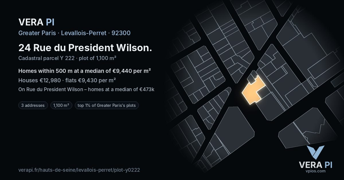 24 Rue du President Wilson, Levallois-Perret at night – the plot lit, the parcels around coloured by the prices near them