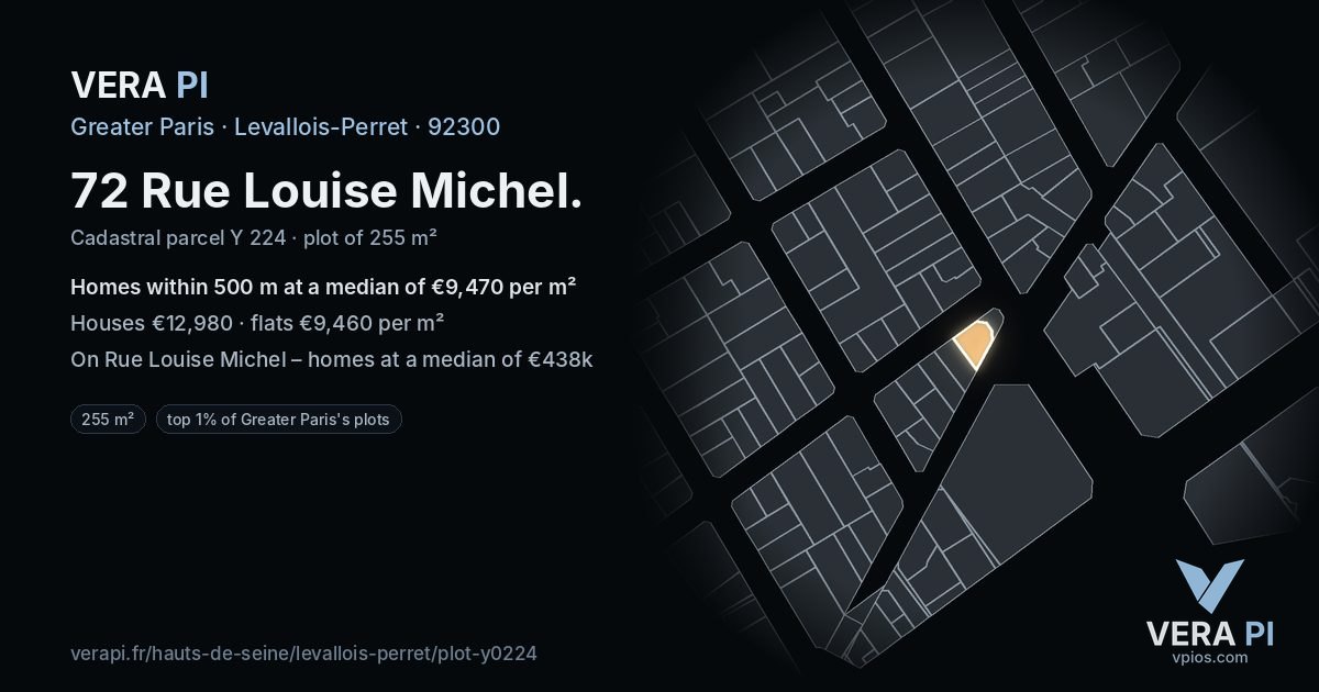 72 Rue Louise Michel, Levallois-Perret at night – the plot lit, the parcels around coloured by the prices near them