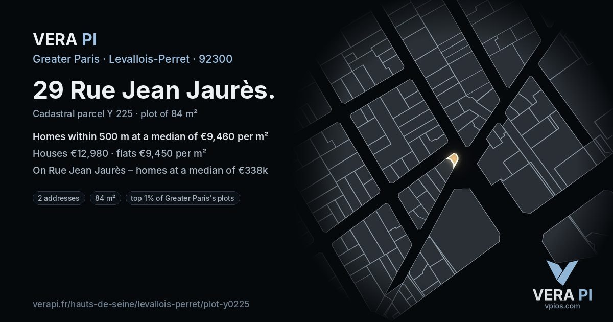 29 Rue Jean Jaurès, Levallois-Perret at night – the plot lit, the parcels around coloured by the prices near them