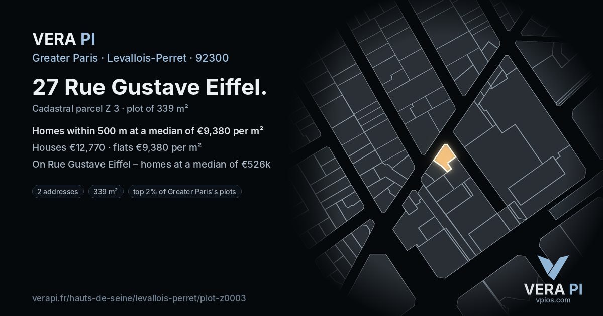 27 Rue Gustave Eiffel, Levallois-Perret at night – the plot lit, the parcels around coloured by the prices near them