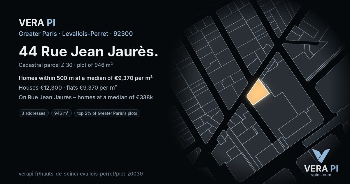 44 Rue Jean Jaurès, Levallois-Perret at night – the plot lit, the parcels around coloured by the prices near them