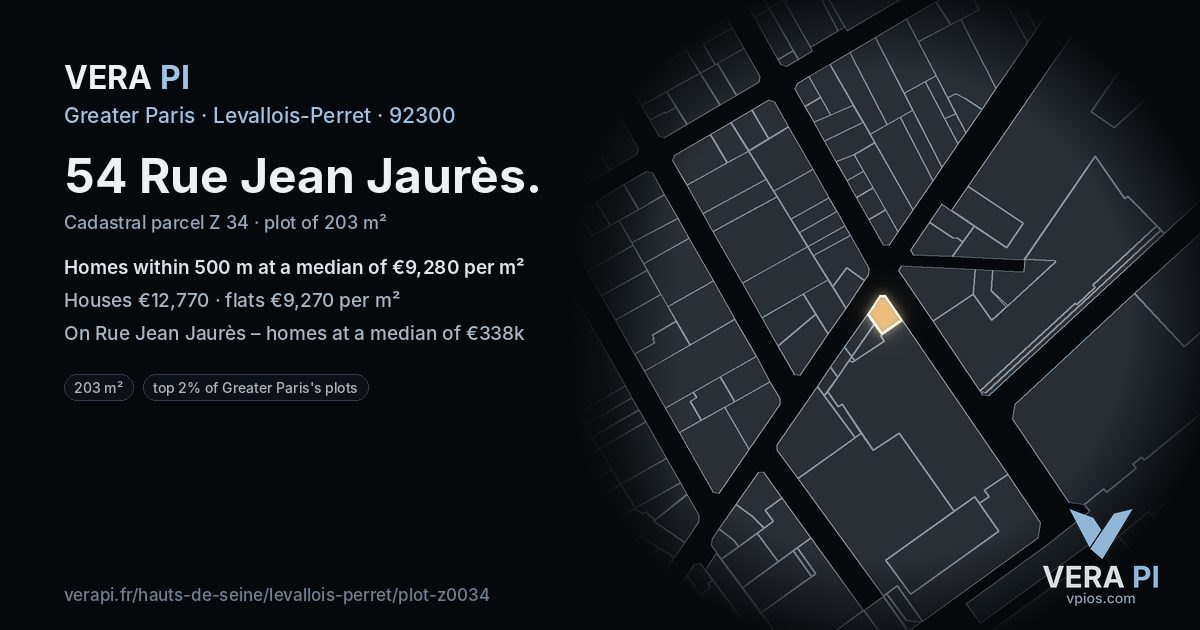 54 Rue Jean Jaurès, Levallois-Perret at night – the plot lit, the parcels around coloured by the prices near them