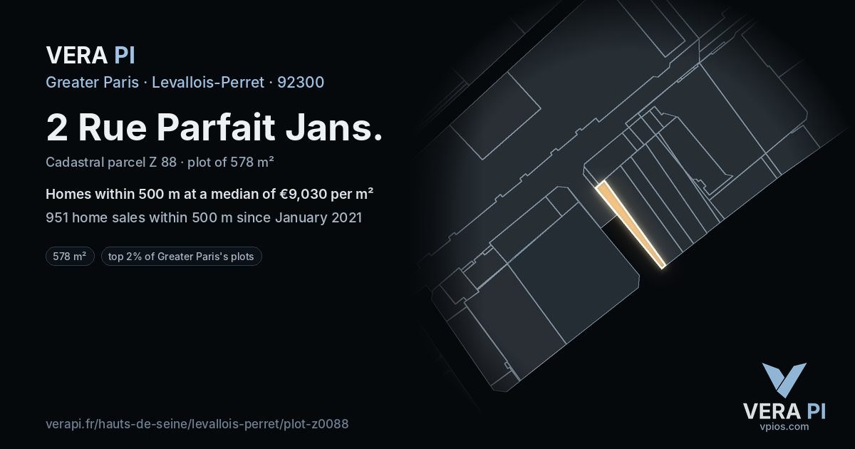 2 Rue Parfait Jans, Levallois-Perret at night – the plot lit, the parcels around coloured by the prices near them