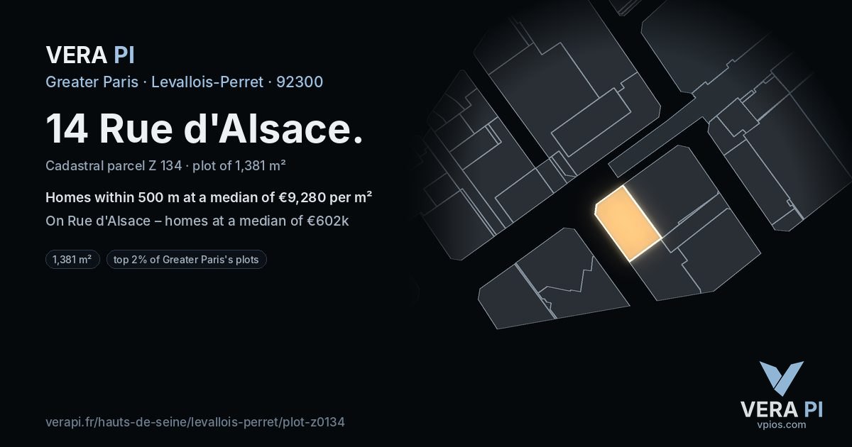 14 Rue d'Alsace, Levallois-Perret at night – the plot lit, the parcels around coloured by the prices near them