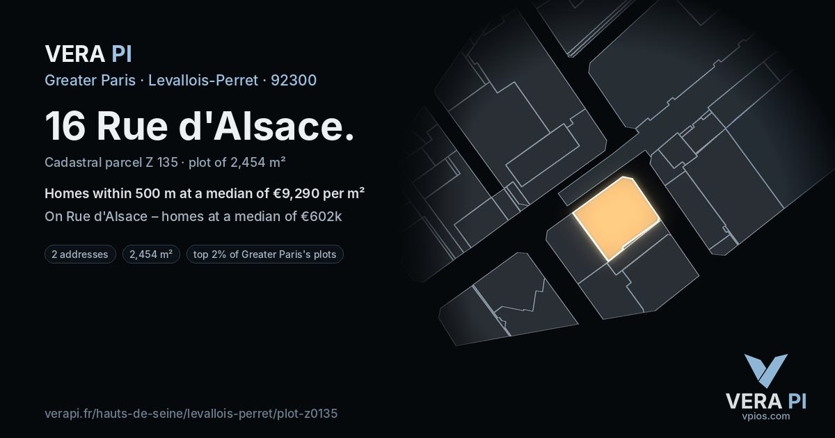16 Rue d'Alsace, Levallois-Perret at night – the plot lit, the parcels around coloured by the prices near them