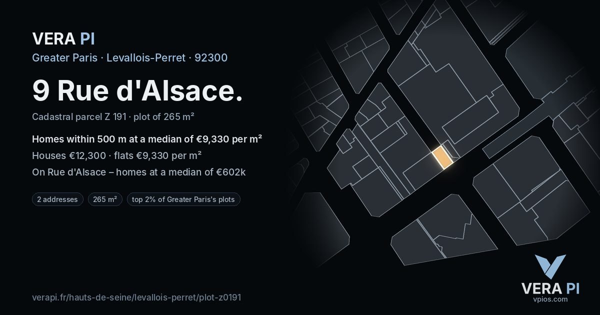 9 Rue d'Alsace, Levallois-Perret at night – the plot lit, the parcels around coloured by the prices near them