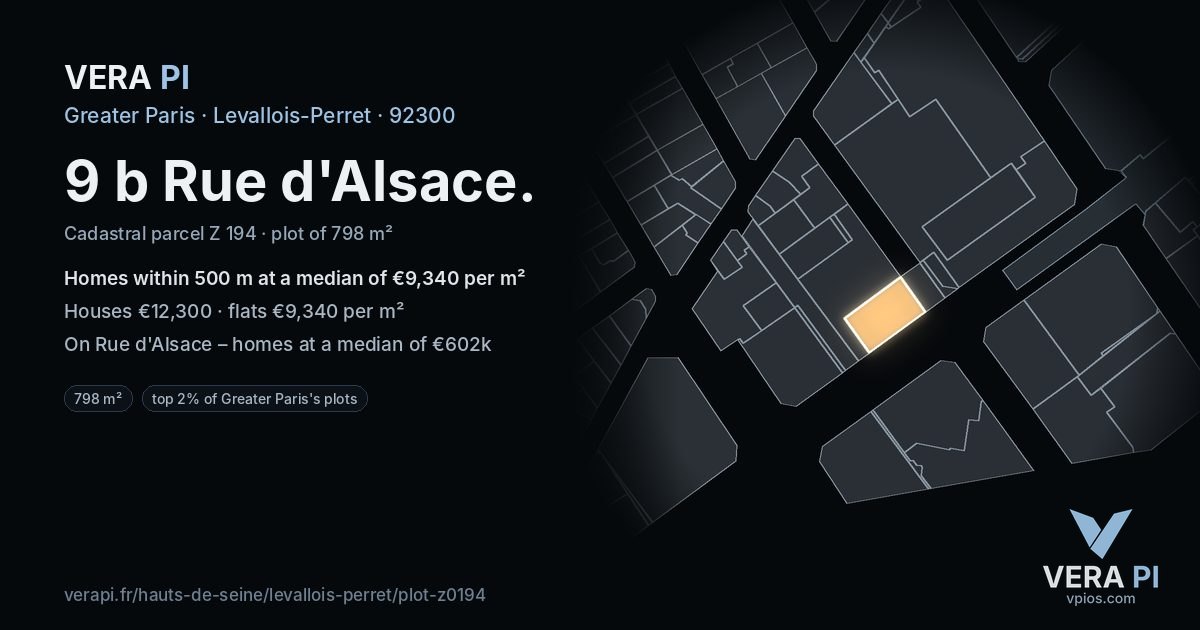 9 b Rue d'Alsace, Levallois-Perret at night – the plot lit, the parcels around coloured by the prices near them