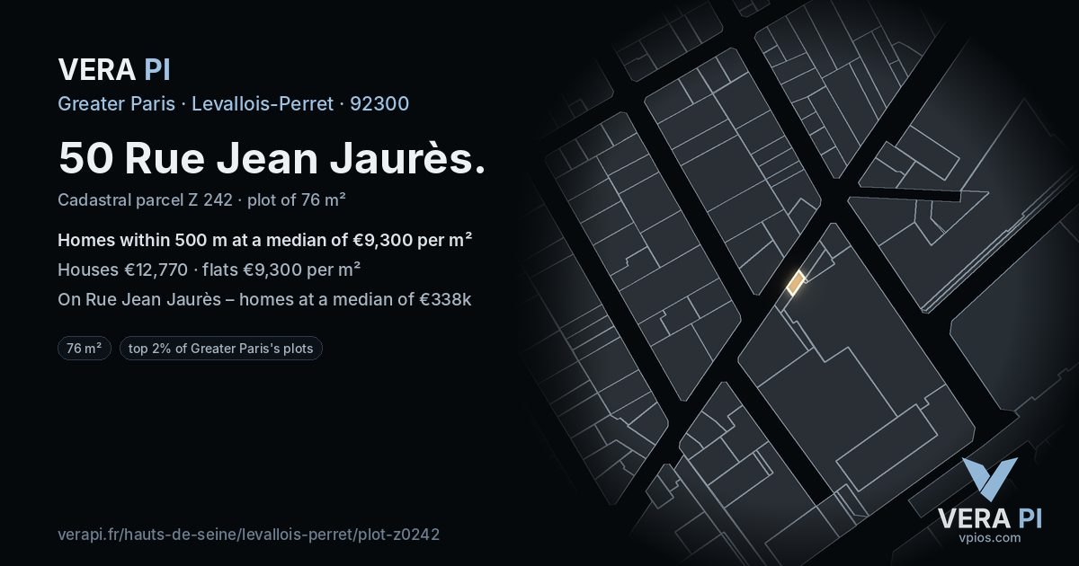 50 Rue Jean Jaurès, Levallois-Perret at night – the plot lit, the parcels around coloured by the prices near them