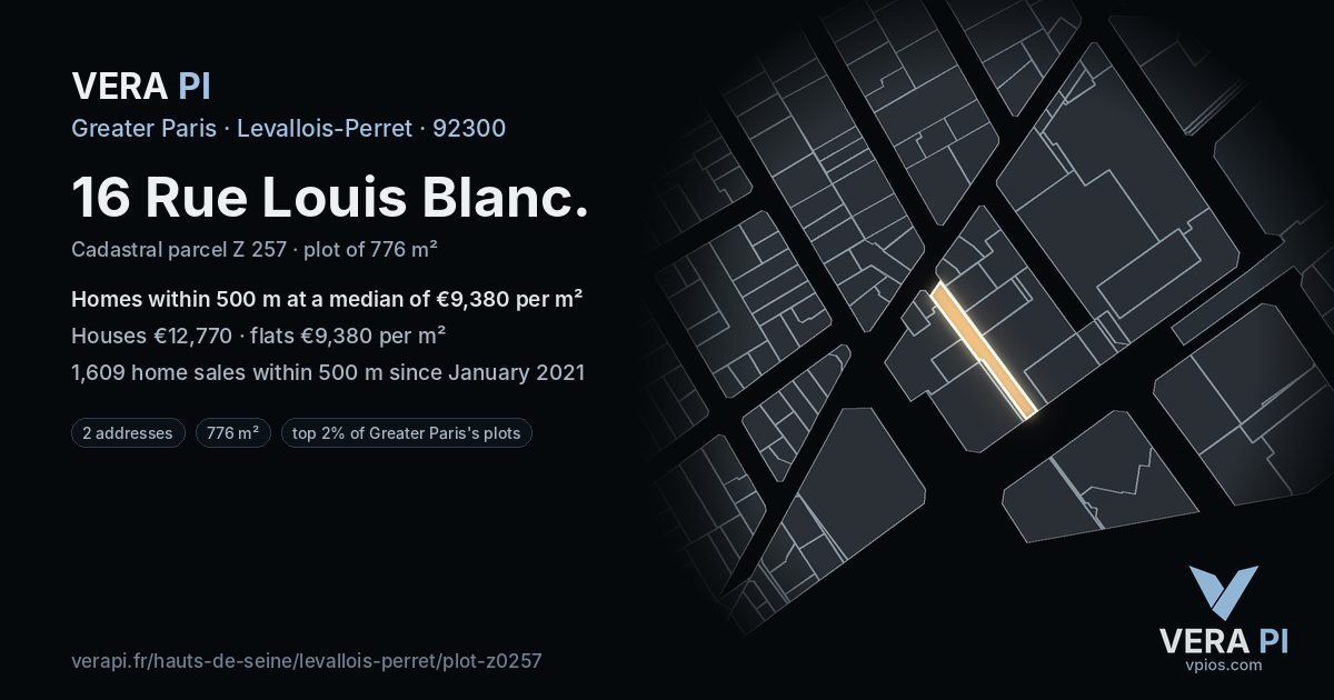 16 Rue Louis Blanc, Levallois-Perret at night – the plot lit, the parcels around coloured by the prices near them