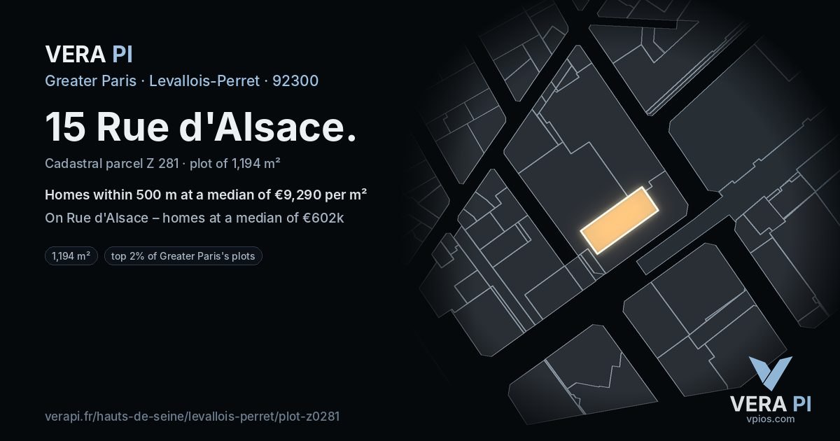 15 Rue d'Alsace, Levallois-Perret at night – the plot lit, the parcels around coloured by the prices near them