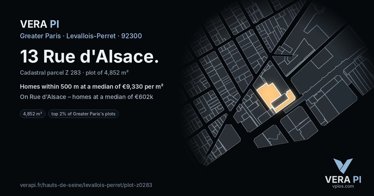 13 Rue d'Alsace, Levallois-Perret at night – the plot lit, the parcels around coloured by the prices near them