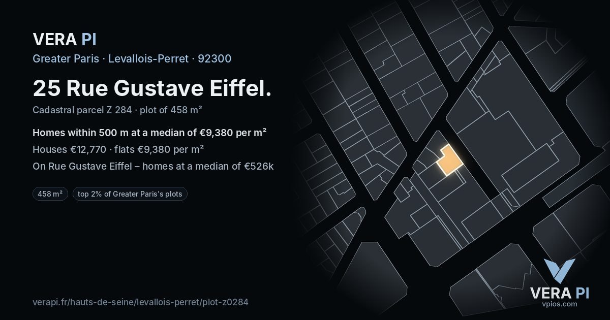 25 Rue Gustave Eiffel, Levallois-Perret at night – the plot lit, the parcels around coloured by the prices near them