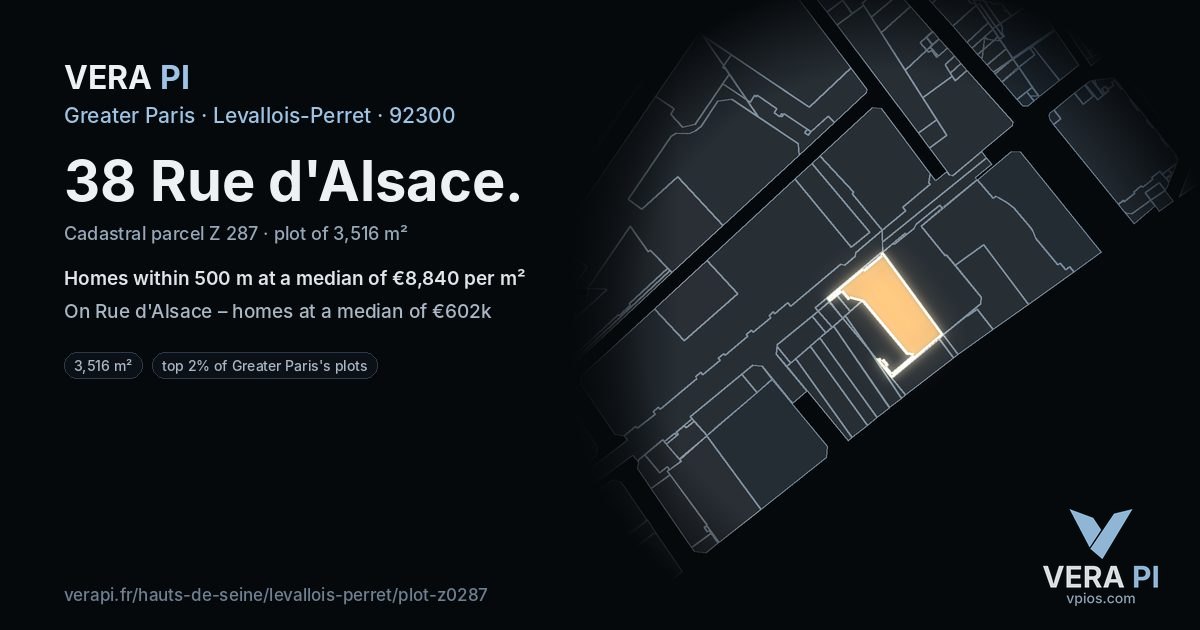 38 Rue d'Alsace, Levallois-Perret at night – the plot lit, the parcels around coloured by the prices near them
