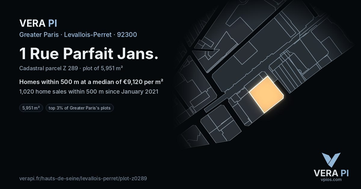 1 Rue Parfait Jans, Levallois-Perret at night – the plot lit, the parcels around coloured by the prices near them