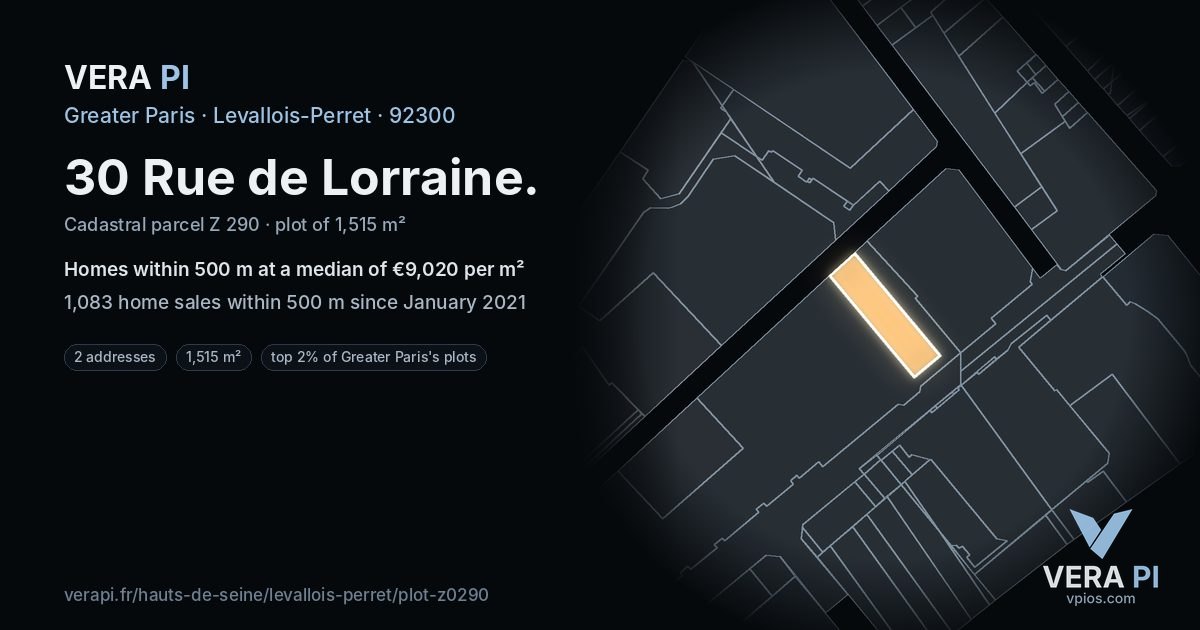 30 Rue de Lorraine, Levallois-Perret at night – the plot lit, the parcels around coloured by the prices near them