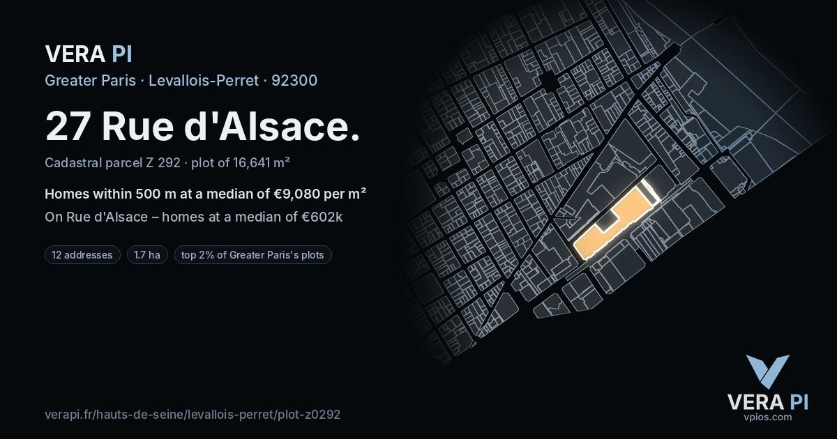 27 Rue d'Alsace, Levallois-Perret at night – the plot lit, the parcels around coloured by the prices near them