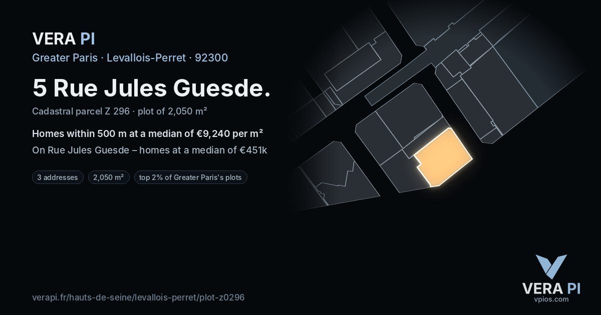 5 Rue Jules Guesde, Levallois-Perret at night – the plot lit, the parcels around coloured by the prices near them