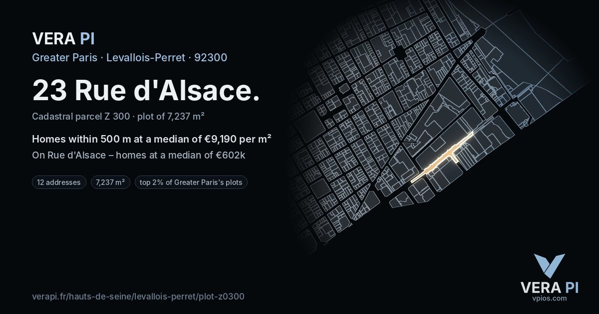 23 Rue d'Alsace, Levallois-Perret at night – the plot lit, the parcels around coloured by the prices near them