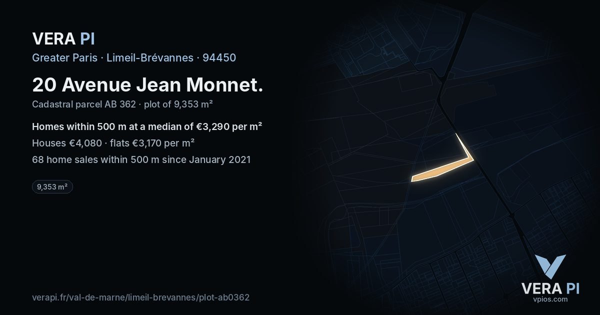 20 Avenue Jean Monnet, Limeil-Brévannes at night – the plot lit, the parcels around coloured by the prices near them