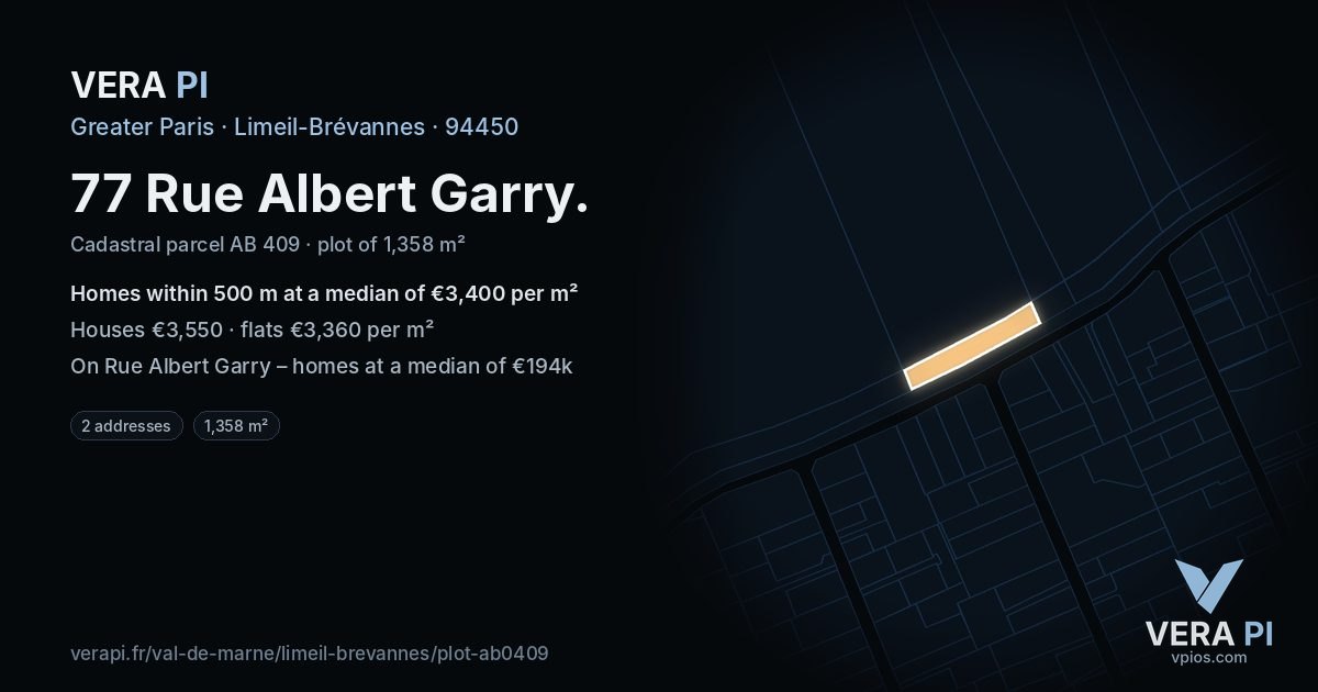 77 Rue Albert Garry, Limeil-Brévannes at night – the plot lit, the parcels around coloured by the prices near them