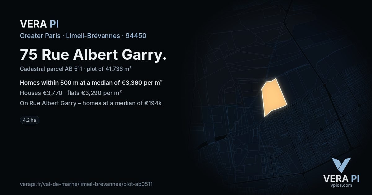75 Rue Albert Garry, Limeil-Brévannes at night – the plot lit, the parcels around coloured by the prices near them