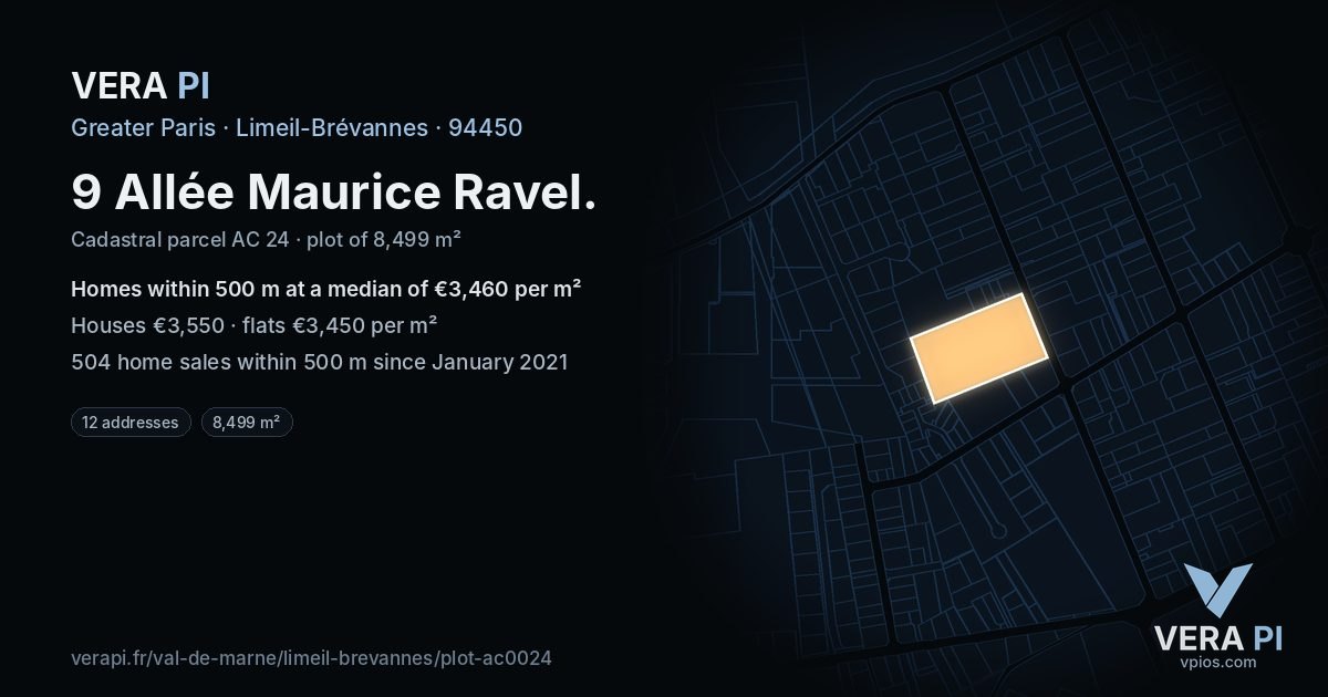 9 Allée Maurice Ravel, Limeil-Brévannes at night – the plot lit, the parcels around coloured by the prices near them