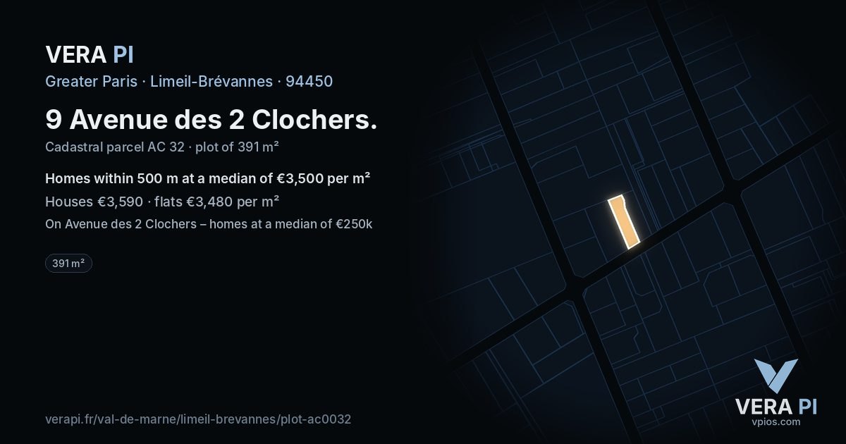 9 Avenue des 2 Clochers, Limeil-Brévannes at night – the plot lit, the parcels around coloured by the prices near them