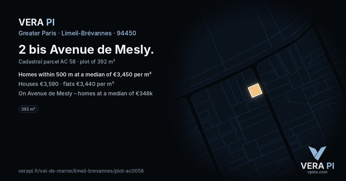 2 bis Avenue de Mesly, Limeil-Brévannes at night – the plot lit, the parcels around coloured by the prices near them