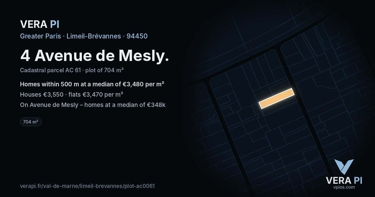 4 Avenue de Mesly, Limeil-Brévannes at night – the plot lit, the parcels around coloured by the prices near them