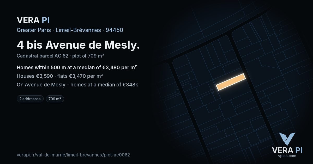 4 bis Avenue de Mesly, Limeil-Brévannes at night – the plot lit, the parcels around coloured by the prices near them