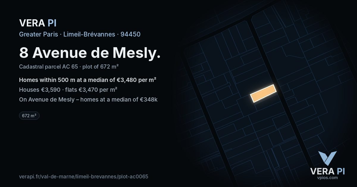 8 Avenue de Mesly, Limeil-Brévannes at night – the plot lit, the parcels around coloured by the prices near them