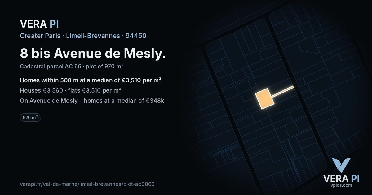 8 bis Avenue de Mesly, Limeil-Brévannes at night – the plot lit, the parcels around coloured by the prices near them