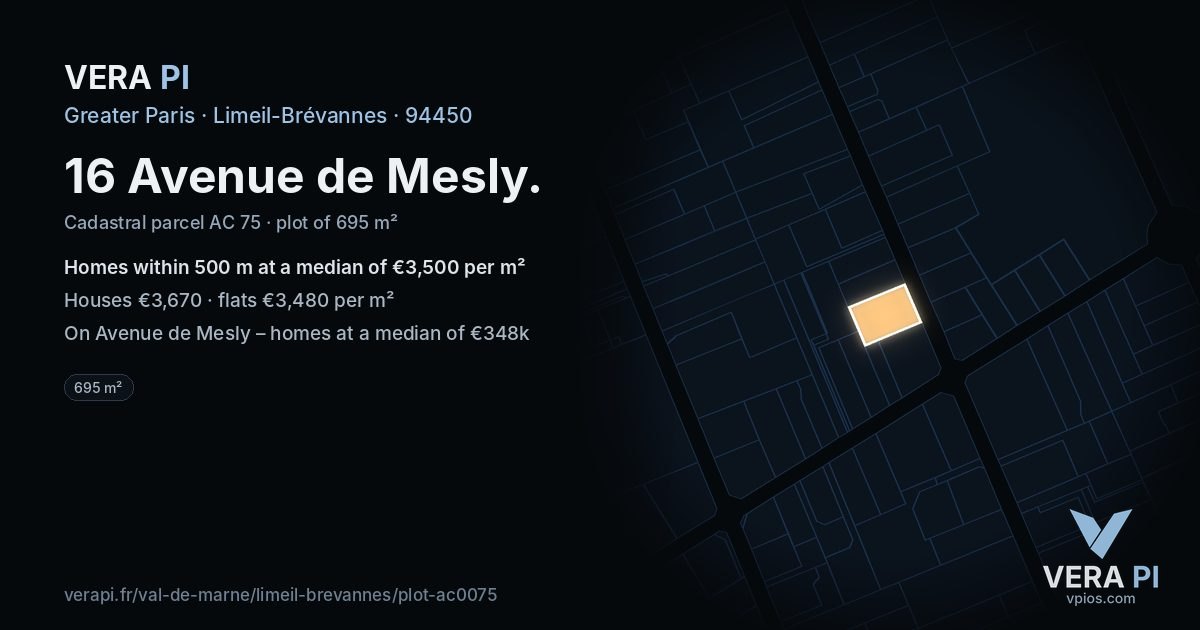16 Avenue de Mesly, Limeil-Brévannes at night – the plot lit, the parcels around coloured by the prices near them